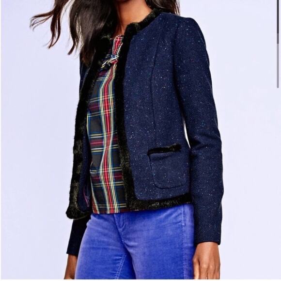 Talbots Jackets & Blazers - NWT Talbots Navy Tweed Faux Fur Trim Jacket